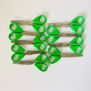 Set of 9 Childrens Scissors Green Hard Handles School Supplies Kids Size Blunt